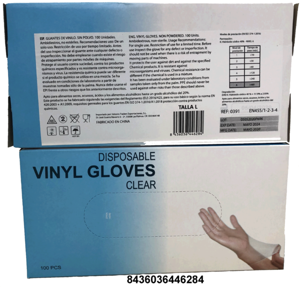 GUANTES DE VINILO TALLA L 100UDS C/10